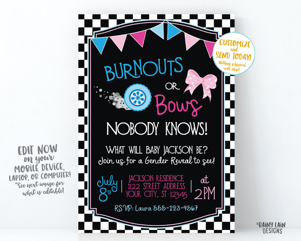 Burnouts or Bows Gender Reveal Invitation, Car Gender Reveal Invite, Race Car, Tire Checker Flag, Wheels, Bunting, Blue and Pink, Chalkboard