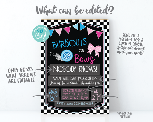Burnouts or Bows Gender Reveal Invitation, Car Gender Reveal Invite, Race Car, Tire Checker Flag, Wheels, Bunting, Blue and Pink, Chalkboard