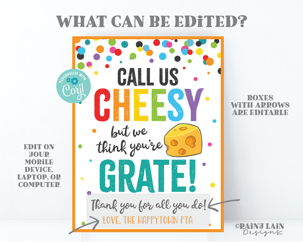 Call Us Cheesy We Think You're Grate Sign Cheese Platter Charcuterie Chips Crackers Thank you Employee Appreciation Staff Teacher PTO School
