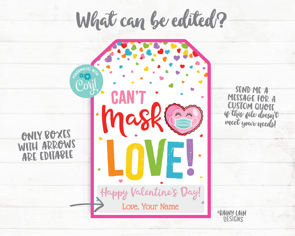 Can't Mask Love Tag Valentine's Day Tag Gift Tag Face Mask Tag Friend Co-Worker Essential Staff Teacher Mask Tag Child Valentine Printable
