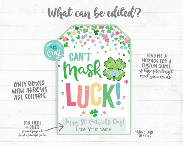 Can't Mask Luck Face Mask Gift Tag St Patrick's Day Tag Employee Appreciation Company Essential Staff Co-Worker Teacher Mask Tag