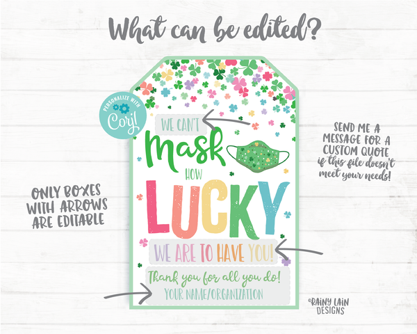 Can't Mask How Lucky We Are to Have You Face Mask Gift Tag St. Patrick's Day Employee Appreciation Company Essential Staff Teacher Mask Tag