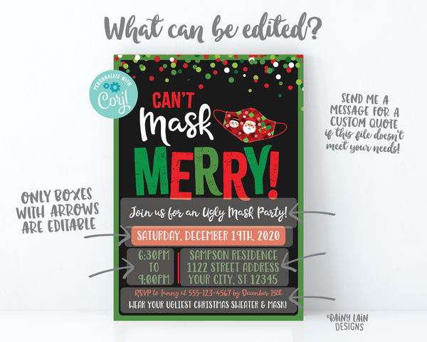 Ugly Mask Party Invitation Tacky Sweater and Mask Party Sweater party Can't Mask Merry 2020 Social Distance Christmas Party Invite Holiday