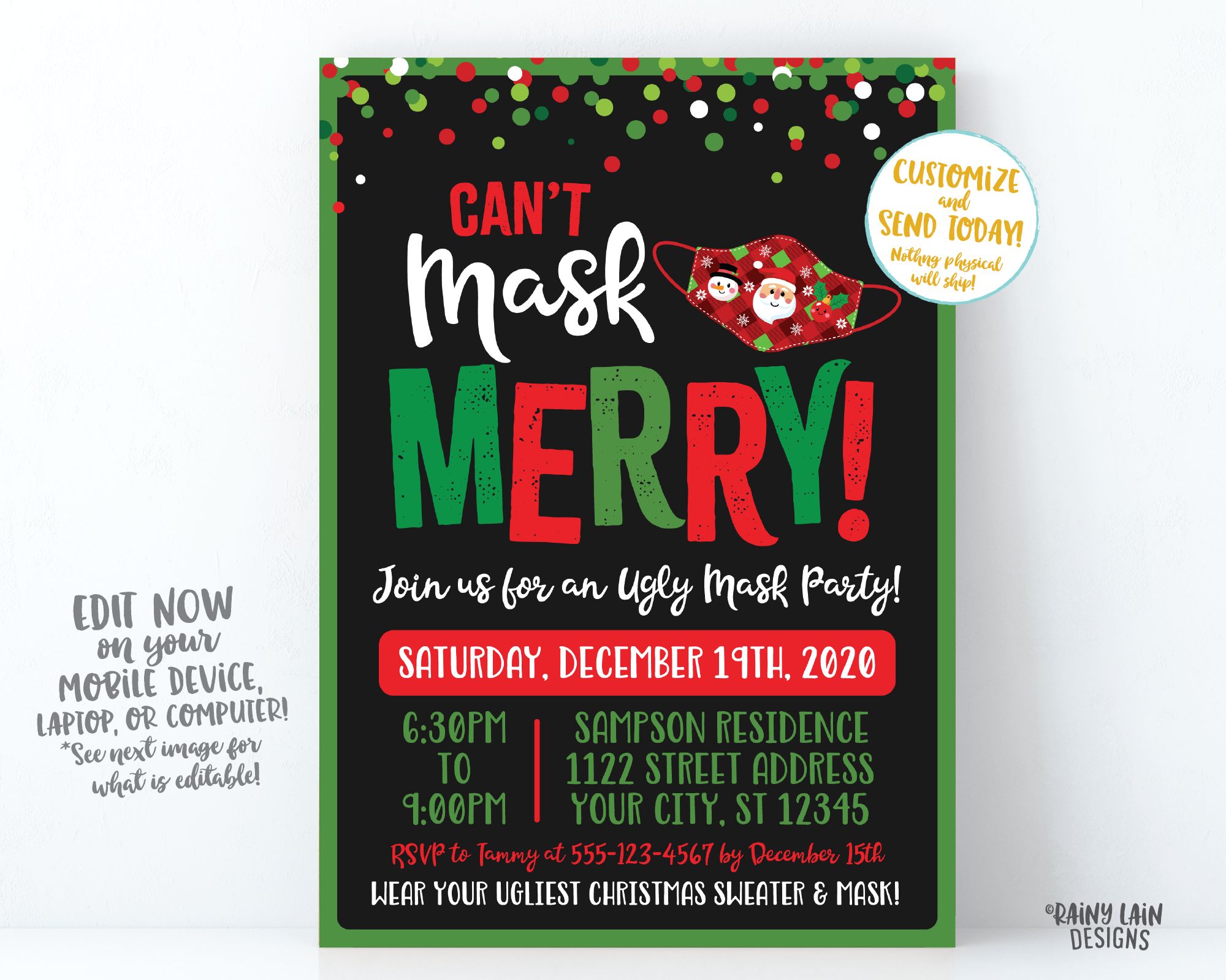 Ugly Mask Party Invitation Tacky Sweater and Mask Party Sweater party Can't Mask Merry 2020 Social Distance Christmas Party Invite Holiday