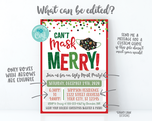 Ugly Mask Party Invitation Can't Mask Merry Tacky Sweater and Mask Party Sweater party 2020 Social Distance Christmas Party Invite Holiday
