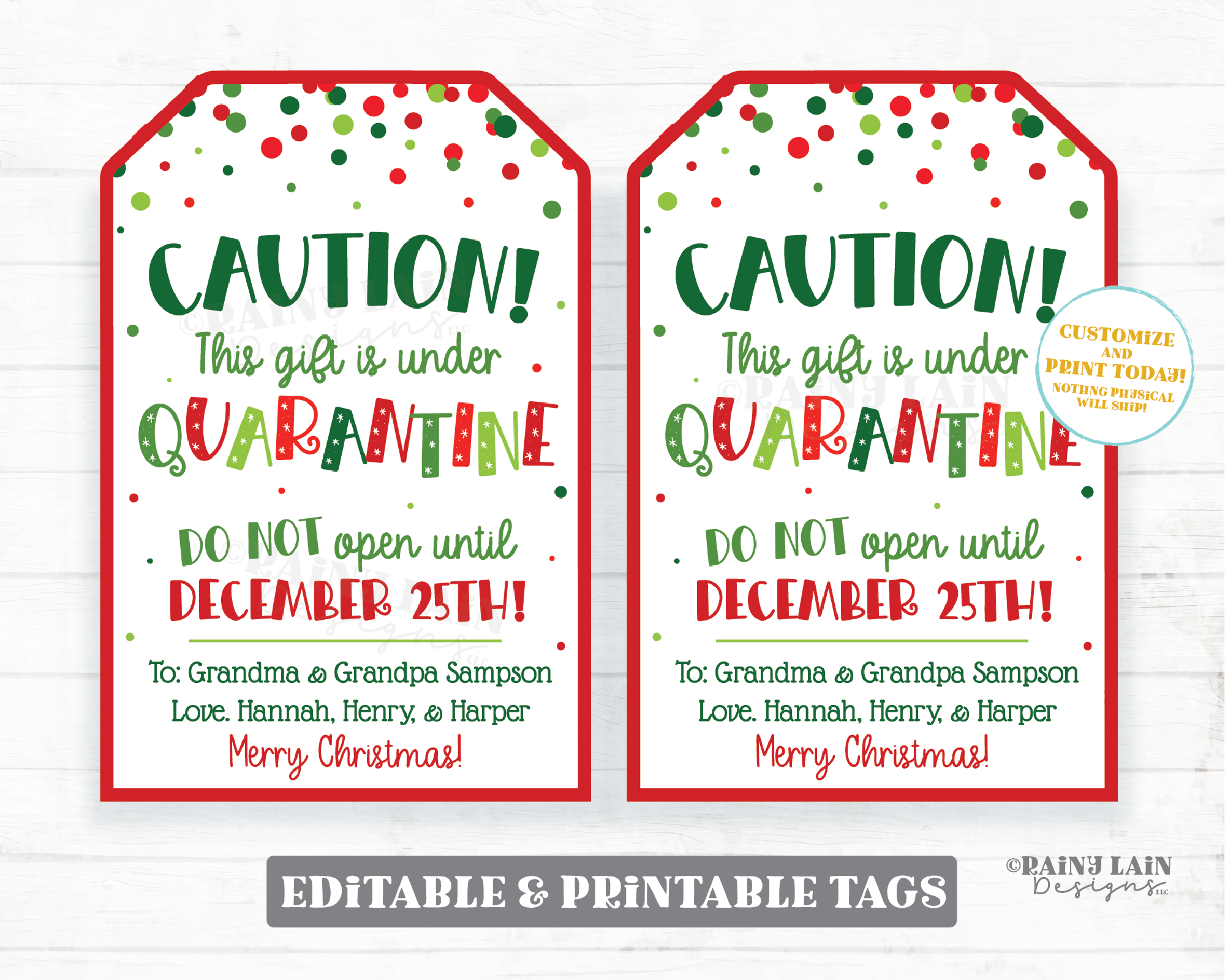Caution gift under quarantine tags, Do not open until December 25th Christmas Gift Tag Holiday Tag Funny Christmas Tags Pandemic Covid
