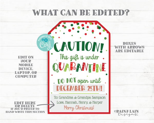 Caution gift under quarantine tags, Do not open until December 25th Christmas Gift Tag Holiday Tag Funny Christmas Tags Pandemic Covid