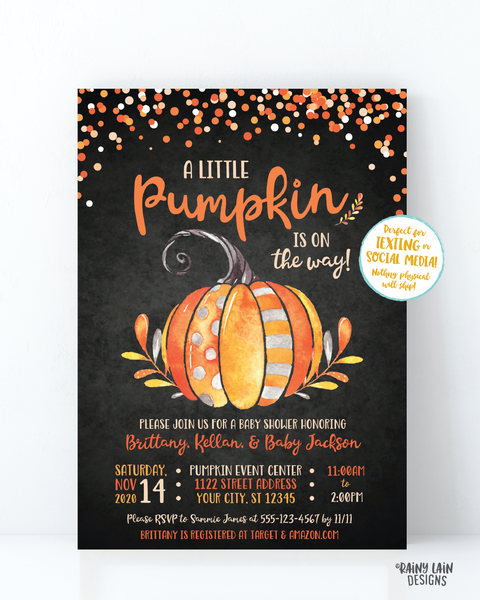 Little Pumpkin Baby Shower Invitation, Fall Baby Shower Invite, Pumpkin Chalkboard Invitation, Fall Leaves, Watercolor Pumpkin Baby Shower