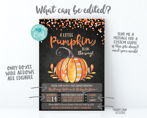 Little Pumpkin Baby Shower Invitation, Fall Baby Shower Invite, Pumpkin Chalkboard Invitation, Fall Leaves, Watercolor Pumpkin Baby Shower