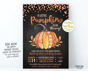 Little Pumpkin Baby Shower Invitation, Fall Baby Shower Invite, Pumpkin Chalkboard Invitation, Fall Leaves, Watercolor Pumpkin Baby Shower