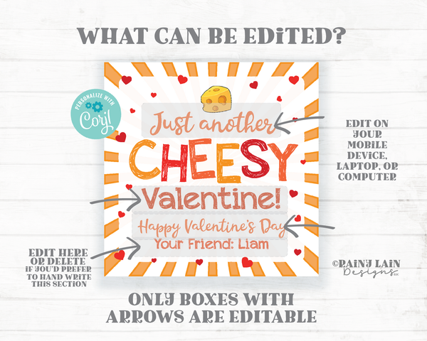 Just another Cheesy Valentine Tag Goldfish Cheese Crackers Cheez Valentine's Day Preschool Printable Kids Classroom Non-Candy Valentine