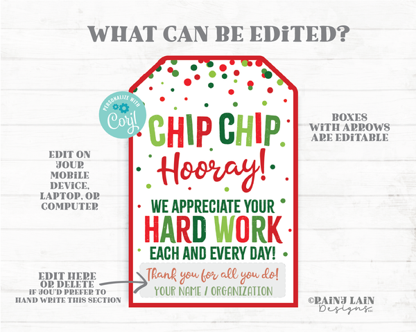 Chip Chip Hooray Tag Christmas Gift Tag Chip Bags Chocolate Chip Cookie Tag Holiday Thank you Staff Appreciation Hard Work Teacher PTO