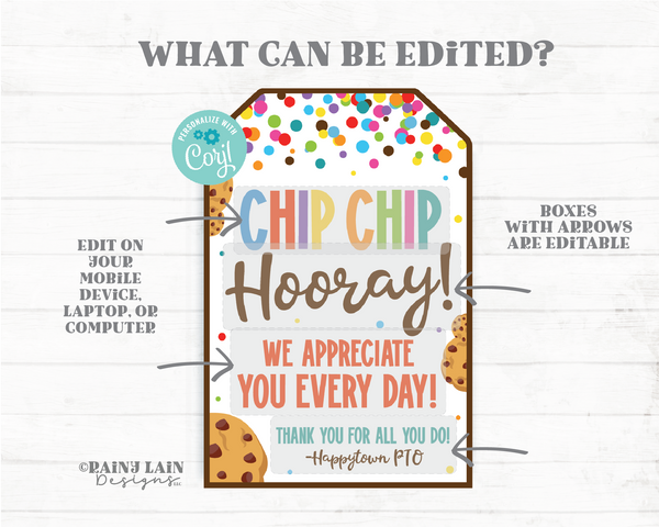 Chip Chip Hooray We Appreciate You Every Day Tag Teacher Appreciation Staff Cookies Gift Tag Thank you Employee Company PTO PTA School