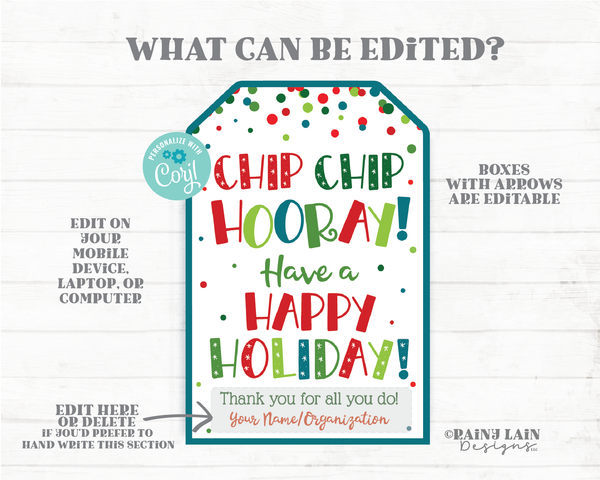Chip Chip Hooray Have a Happy Holiday Tag Chips Chocolate Chip Cookie Tag Christmas Gift Thank you Staff Appreciation Teacher PTO