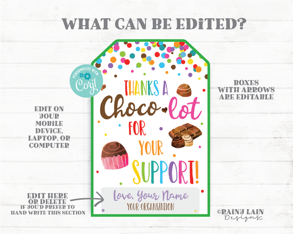 Thanks a Choco-lot for Your support Tags Chocolate Fundraiser Thank You Nuts and Candy Fundraiser Editable Fundraising Gift Tag Printable