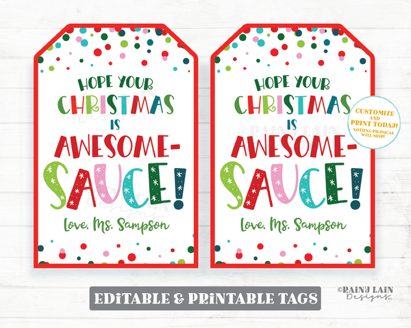 Christmas is Awesome Sauce Tag Holiday Applesauce Pouch Gift Tag From Teacher to Student Classroom Preschool Kids Printable Winter Favor Tag