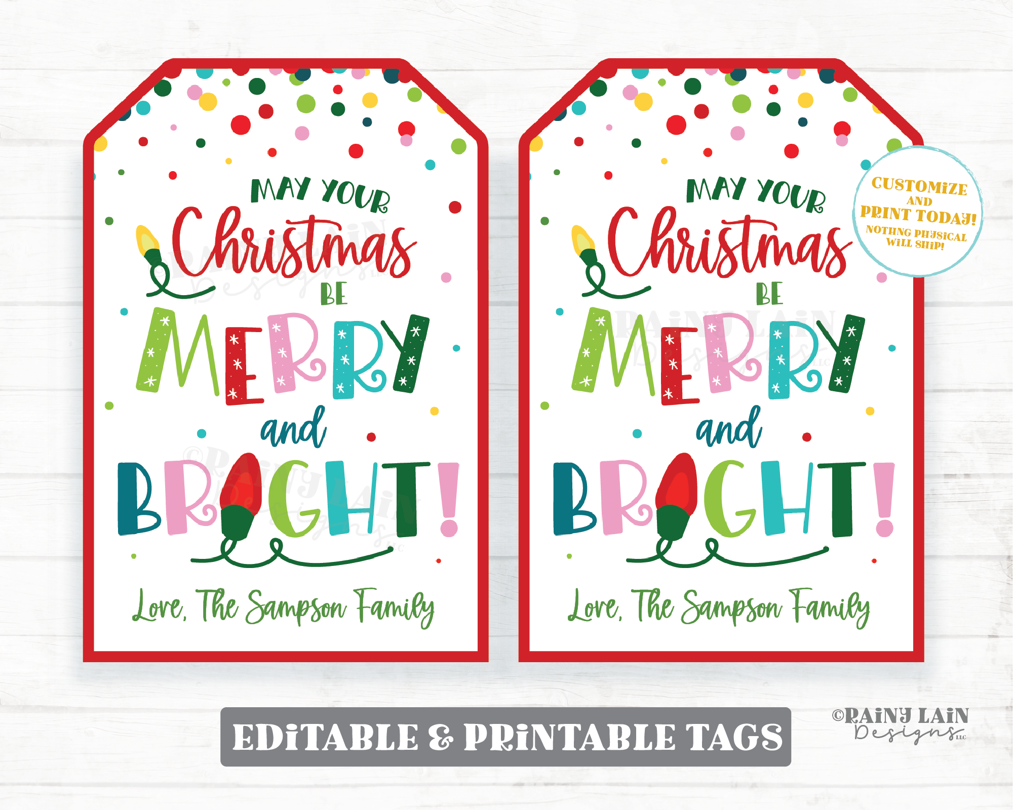 Merry and Bright Christmas Tags, Printable PDF - My Party Design