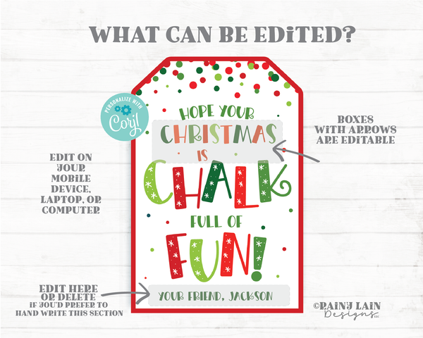 Chalk Gift Tags Hope your Christmas is chalk full of fun Holiday Preschool Classroom Kids Printable Winter Party Favor Tag Editable Chalk