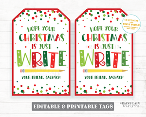 Christmas Pencil Gift Tag Just Write Holiday Pencil Tags Student Classroom Preschool Kids Editable Tag