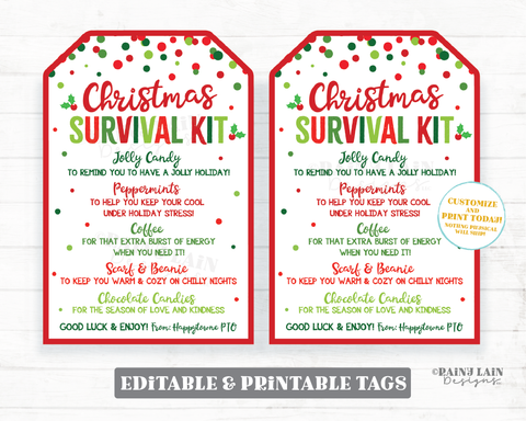 Christmas Survival Kit Tag Treat Thank you Holiday Appreciation Gift Favor Employee Company Staff Teacher Sweets PTO