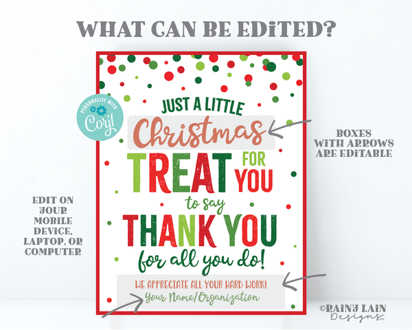 Christmas Treat Thank you Sign Holiday Appreciation Sign Employee Company Essential Staff Teacher Thank you Sweets Lounge Room Treats Sign