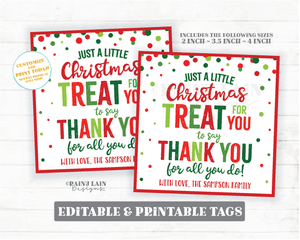 Christmas Treat Thank you Tag Holiday Appreciation Gift Tags Christmas Favor Tags Employee Company Essential Staff Teacher Thank you Square