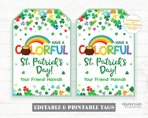 Colorful St Patrick's Day Gift Tag Shamrock Crayon Markers Paint Coloring Book Gift Rainbow Candy Preschool Student Classroom Printable Tags