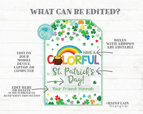 Colorful St Patrick's Day Gift Tag Shamrock Crayon Markers Paint Coloring Book Gift Rainbow Candy Preschool Student Classroom Printable Tags