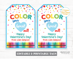 Color Your Heart Out Valentine's Day Tag Coloring Book Crayon Preschool Valentine Classroom Printable Non-Candy Easy DIY Valentine Tags