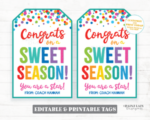 Congrats on a Sweet Season Tag From Coach to Player Athlete End of Season Gift Congratulations Sports Team Basketball Baseball Soccer Swim