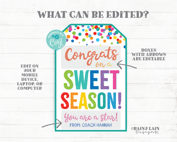 Congrats on a Sweet Season Tag From Coach to Player Athlete End of Season Gift Congratulations Sports Team Basketball Baseball Soccer Swim