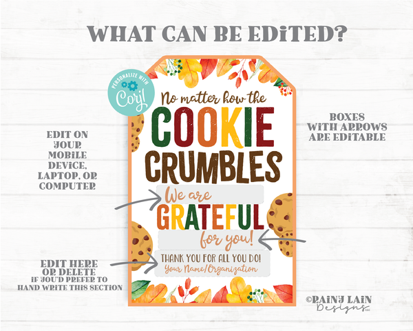 No Matter How the Cookie Crumbles Tag Grateful for You Fall Autumn Thanksgiving Gift Employee Appreciation Appreciate Staff Teacher PTO