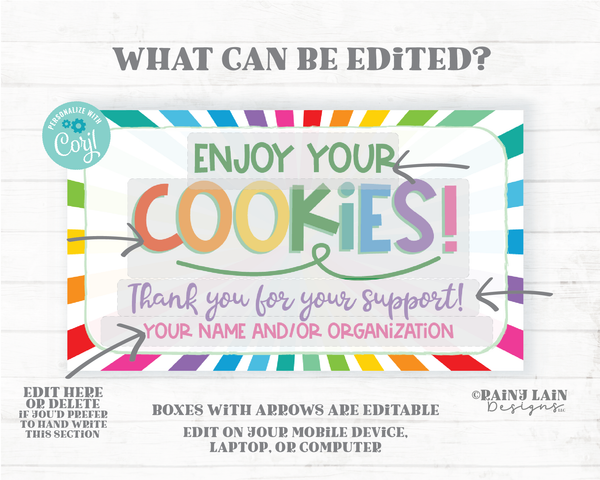 Editable Cookie Thank You Card Cookies Thank You Note Business Card Booth Printable Sales Bake Sale Bakery Cookie Tag Cookie Card