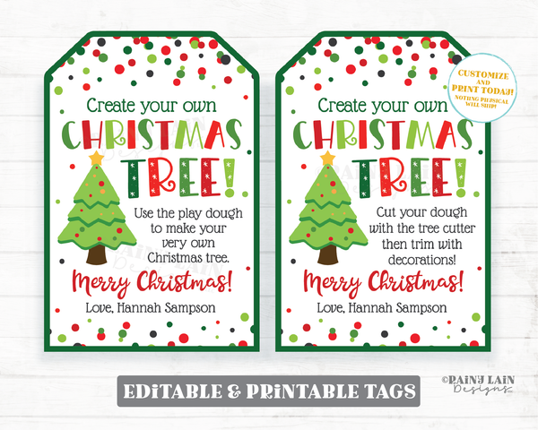 Create Your Own Christmas Tree Tag Make a Play dough Tree Gift Doh Holiday Kids Craft Favor Teacher to Student Classroom Preschool