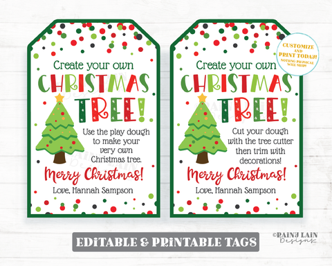 Create Your Own Christmas Tree Tag Make a Play dough Tree Gift Doh Holiday Kids Craft Favor Teacher to Student Classroom Preschool
