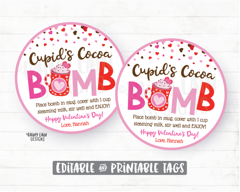 Cupid's Cocoa Bomb Tag, Valentine's Day Hot Chocolate Bomb Tags, Editable Cocoa Bomb Tags, You're the Bomb, Hot Cocoa Preschool Valentines