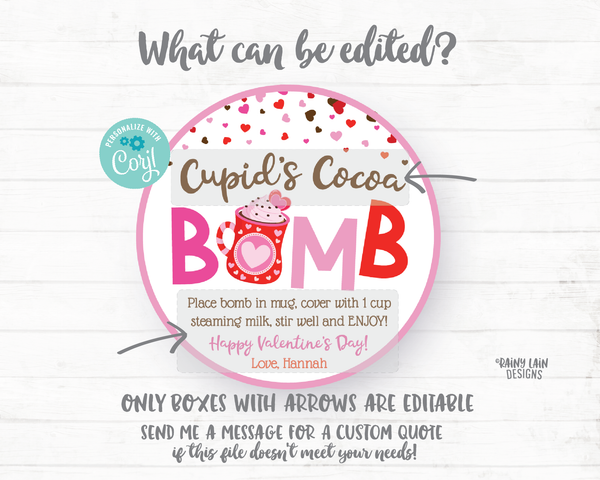 Cupid's Cocoa Bomb Tag, Valentine's Day Hot Chocolate Bomb Tags, Editable Cocoa Bomb Tags, You're the Bomb, Hot Cocoa Preschool Valentines
