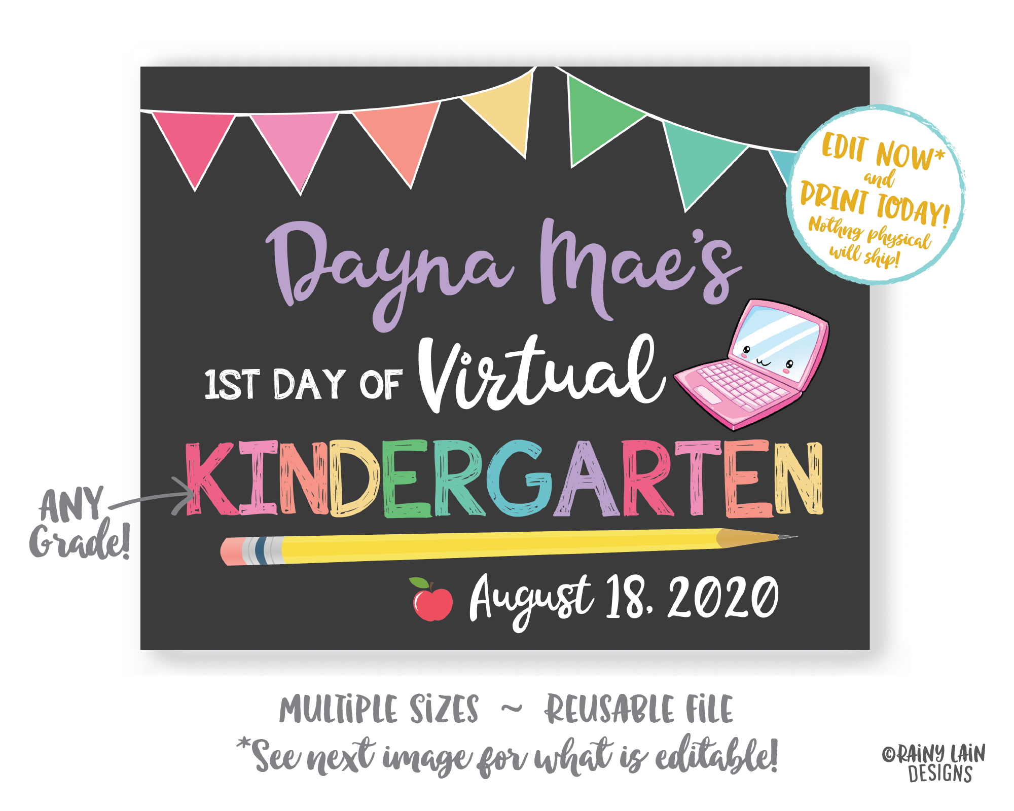 First Day of School Sign Template Editable 1st day of Kindergarten Preschool Pre-K 1st 2nd 3rd 4th 5th Back to School Chalkboard Photo Prop