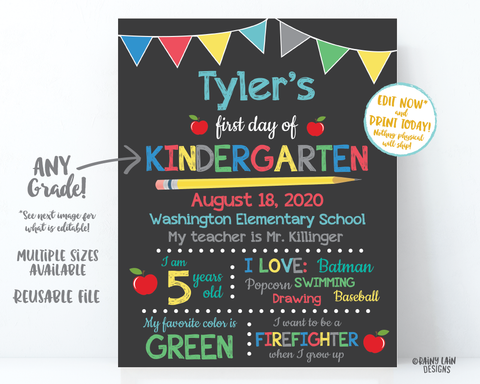 First Day of Kindergarten Chalkboard, 1st day of kindergarten sign, Back to School Chalkboard, 1st day of school Photo Prop, school Keepsake