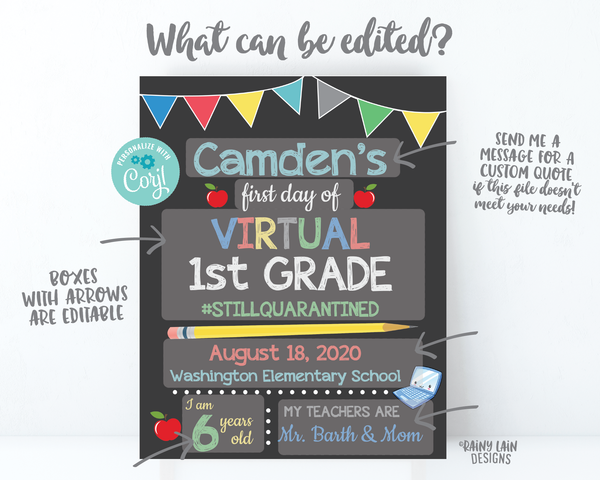 First day of Virtual School Sign Editable 1st Day of Virtual School Sign Template Distance Learning 1st Grade 2nd, 3rd, 4th, 5th, e-Learning