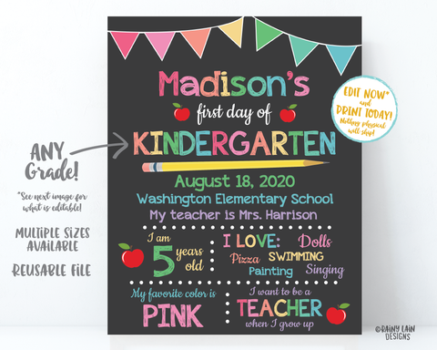 First Day of Preschool Sign, First Day of School Chalkboard, Back to School Chalkboard, 1st day of school sign, 1st day of Kindergarten sign