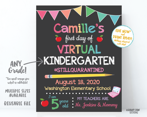 First day of School sign virtual, 1st day of Virtual School Sign Editable First Day of Virtual School Sign Template Distance Learning, e-Learning 1st Grade 2nd, 3rd, 4th, 5th