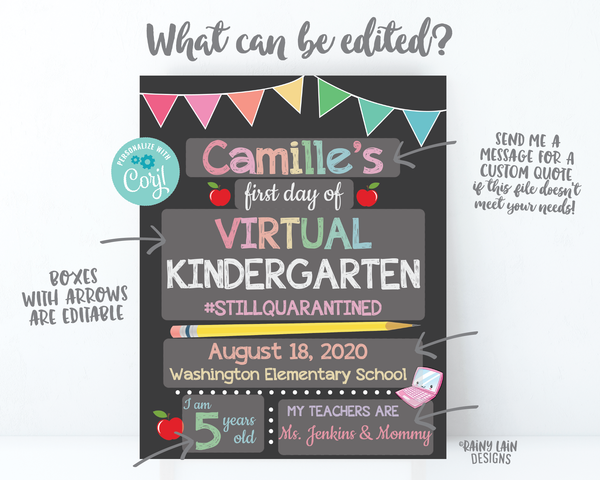 First day of School sign virtual, 1st day of Virtual School Sign Editable First Day of Virtual School Sign Template Distance Learning, e-Learning 1st Grade 2nd, 3rd, 4th, 5th