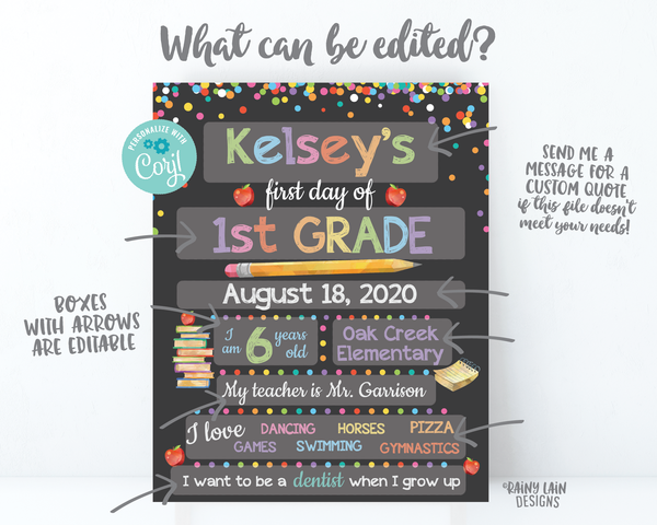 Printable first day of school chalkboard Editable 1st day of school photo prop, Back to School First Day of School Sign Confetti 3rd grade