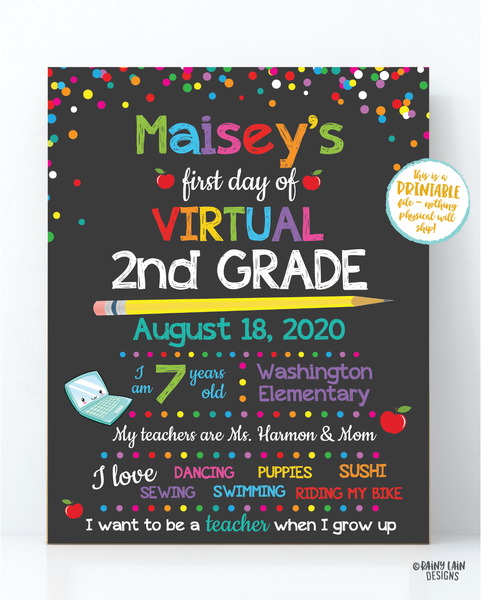 First day of Virtual kindergarten sign, Virtual School Sign Editable 1st Day of School Sign Virtual 1st Grade, 2nd, 3rd, 4th, 5th, First day