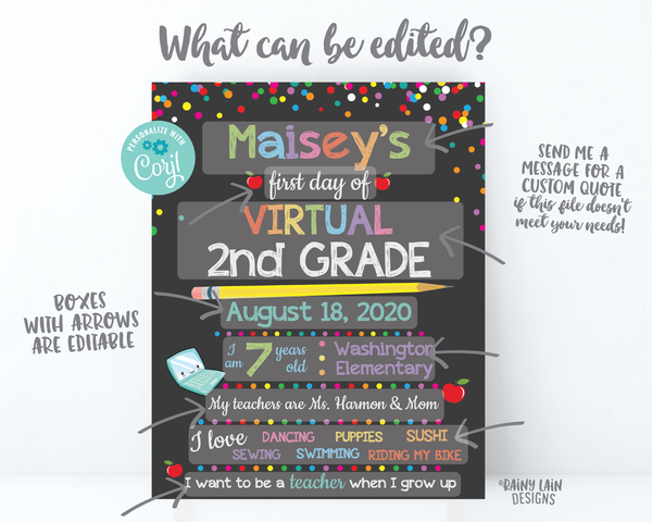 First day of Virtual kindergarten sign, Virtual School Sign Editable 1st Day of School Sign Virtual 1st Grade, 2nd, 3rd, 4th, 5th, First day