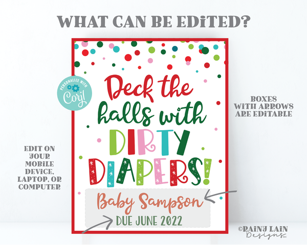 Christmas Pregnancy Announcement Editable Sign Holiday Baby Announcement Photo Prop Deck the Halls with Dirty Diapers Printable
