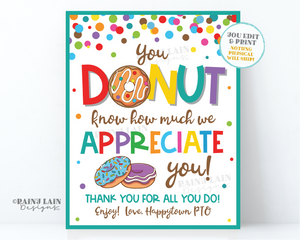 Donut Know How Much We Appreciate You Sign Teacher's Lounge Donut Staff Room Employee Appreciation Company Corporate PTO PTA Teacher School