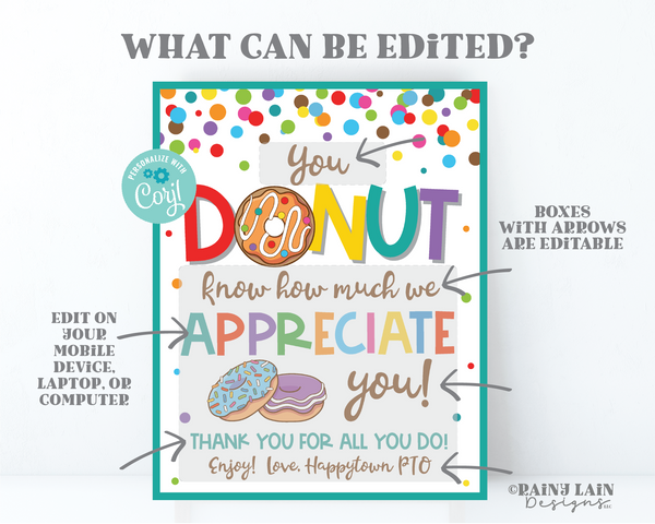 Donut Know How Much We Appreciate You Sign Teacher's Lounge Donut Staff Room Employee Appreciation Company Corporate PTO PTA Teacher School