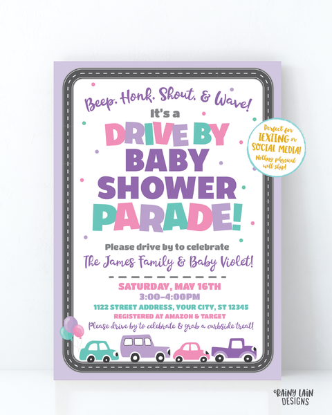 Drive By Baby Shower Invitation Purple Drive By Baby Shower Invite Girl Baby Shower Drive By Parade Social Distancing Baby Shower Car Parade